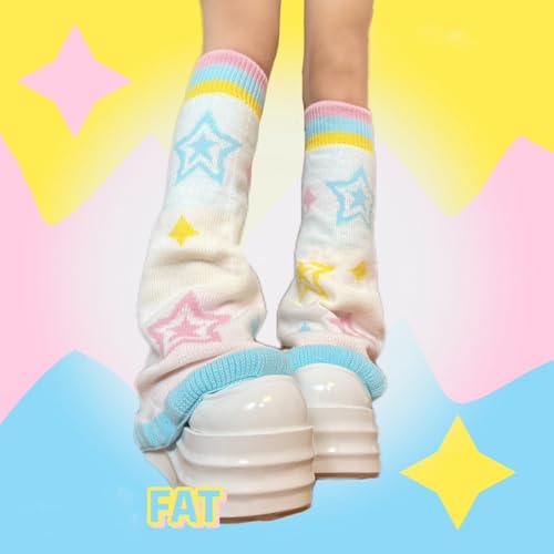 Reversible Bell Bottom Knitted Leg Warmers Y2K Style Stars Design, Cute Stack Socks Girl Women Fall Winter Fashion3