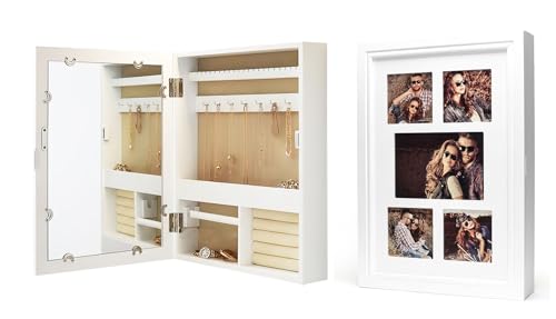 Schmuckschrank Weiß H45cm Bilderrahmen 5 Fotos MDF Holz Schmuckkasten Spiegel Wanddeko Spiegelschrank Schmuckaufbewahrung Organizer Ketten Ringe...