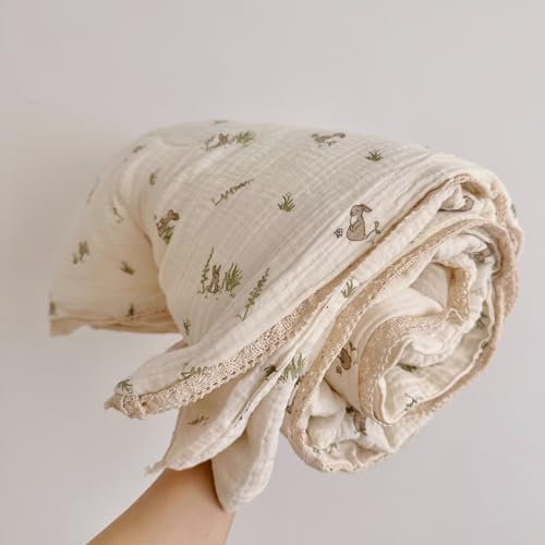 Image of BuLuTu Cartoon Bunny Gauze Toddler Quilt Kids Blankets for Girls Boys, Soft Breathable Cotton Muslin Kids Comforter Quilted Blanket with Cute Rabbit Pattern, 47 inchx59 inch, No Pillow