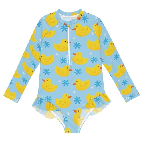 Little Yellow Duck Blue Background Girls Long Sleeve Swimsuit Rash Guard One Piece Bathing Suits Zipper 3-12T