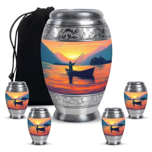 KARYLIZ Urns for Human Ashes Adult Man Fishing – Combo of 5 with 1 Large 10 Inch Funeral Urn for Mom & Man and 4 Mini Sunset Keepsake Urns for Dad – Orange Memorial Set for Adult Male & Female