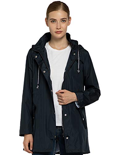VUCVUG Women Rain Jacket Waterproof Active Outdoor Lightweight Windbreaker Striped Hooded Trench Raincoat (Navy Blue, X-Large)