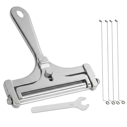 Stainless Steel Wire Cheese Slicer, Adjustable Thickness Hand Held Cheese Cutter for Soft & Semi-Hard Cheeses - 4 Extra Replacement Stainless Steel Cutting Wire (Silver)