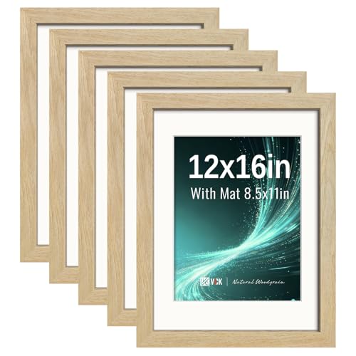 Image of VCK 12x16 Picture Frame 5 Pack, Natural Exclusive Wood, HD Glass, for Print