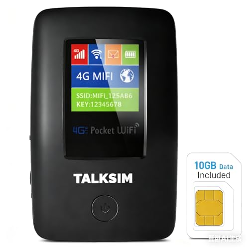 TALKSIM 4G Mobile Hotspot with US 10GB & Global 1GB Data, Portable WiFi Hotspot for Travel in 140+ Countries, Long-Lasting 6000mAh Battery, 10 Connected Devices, No SIM Required, No Contract