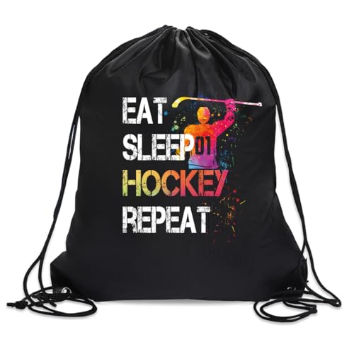 Eat Sleep Hockey Repeat Drawstring Backpack For Men Women, Waterproof Sport Sackpack For Hockey Lover Hockey Fan, Funny Birthday Christmas String Gym Bag Gifts For Her Him