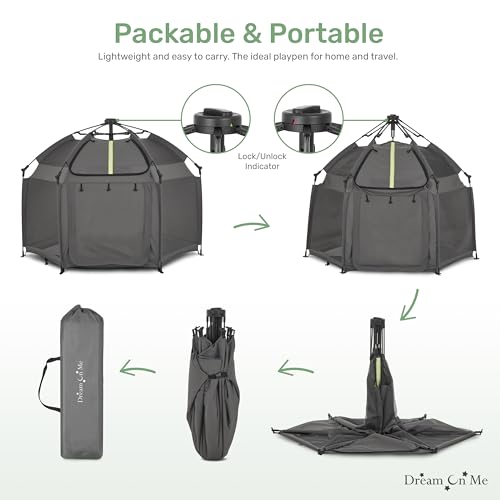 Dream On Me Pop-Up Children Playpen, Instant One-Hand Open & Fold, Breathable Mesh Sides, Zipper Security Gate & Travel Carry Bag, Compact Indoor/Outdoor Baby Play Yard with Canopy - Charcoal by Dream On Me - Image 3