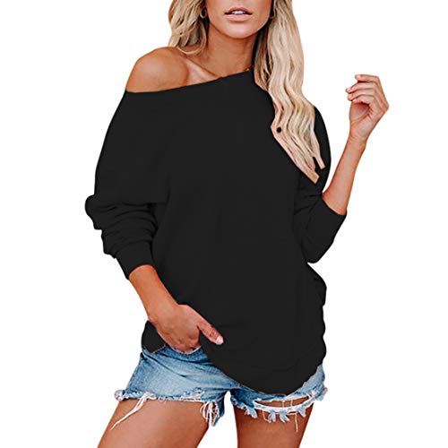 Kisscynest Women's Oversized Off Shoulder Tops Solid Sporty Tunic Pullover Black S