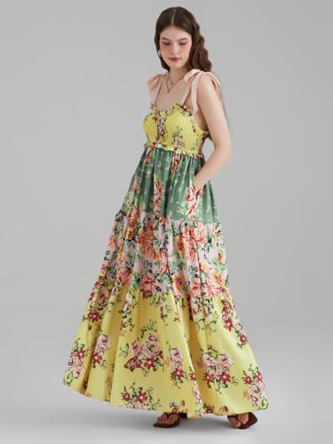 Image of Women Summer Floral Spaghetti Strap Dress Flowy Smocked Tie Up Boho Maxi Swing Dress Y2K Beach Sundress