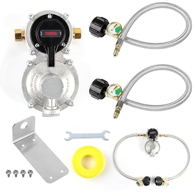 RV Propane Regulator 2 Tank-2-Stage Auto Changeover LP Propane Regulator for RV Includes Gauge and 2X 18 Pigtail Propane Hoses,Ideal for Trailers and Camper RVs (Silver)