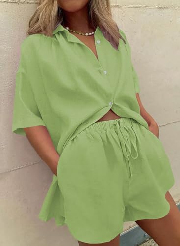 Image of Fixmatti Women 2 Piece Outfits Long Sleeve Button Down Blouse and Shorts Sweatsuit Sets