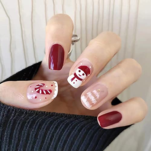 Wedity 24Pcs Christmas Tree Love Short Fake Nails Pearl Flowers Dog Rabbit Acrylic False Nails Press on Nails for Women Girls (K)