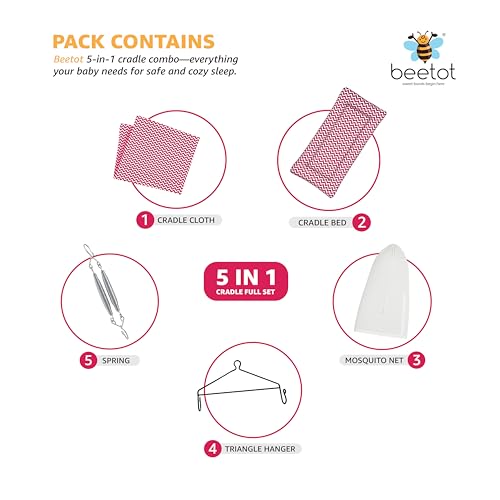 Image of Baby Cradle Set Swing /Jhula (Thottil Cloth, Palna, Dolna) | Hanging Cradle with Removable Bed, Mosquito Net, Spring, Triangle Hanger | Up to 15 kg | PRE-RED PRINT-15983