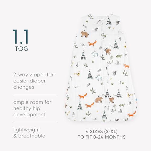 Image of Little Unicorn 0-6 Month Premium Muslin Sleep Sack 1.1 TOG | Soft & Breathable Muslin Cotton for safer sleep | 2 way zipper (Forest Friends)