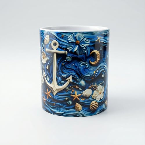Yemaya Mug 11oz – Taza de cerámica espiritual azul y blanca miniatura 2