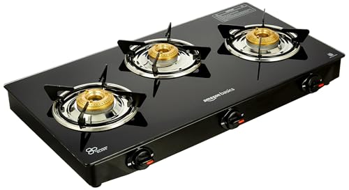 Image of Amazon Basics 3 Burner LPG Gas Stove with Toughened Glass-top | ISI APPROVED | Tri-pin Brass Burners with spill-proof and easy-clean design | Anti-skid legs (Black)