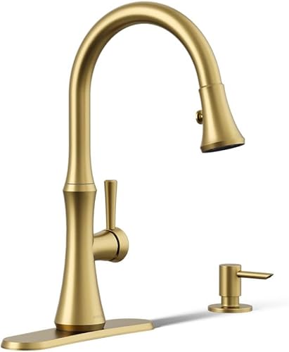 KOHLER Kaori - Grifo de fregadero de cocina extraíble con cabezal rociador desplegable de 2 funciones y dispensador de jabón, latón moderno