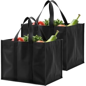 Luxiremi 2 Pcs Black Reusable Grocery Bags Shopping Bag Tote Bag with Handles Foldable Washable Stands Upright Reinforced Bag with Handle-Hold Extra Large & Durable for Daily Life, Picnic, Camping.