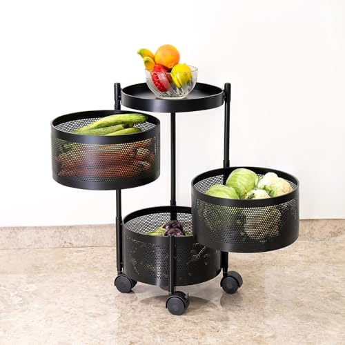 Image of MARKWELL Round Rotatable Kitchen Trolley with Wheels | Vegetable Fruit Onion Storage Rack | Multipurpose Metal Kitchen Organizer Stand | Matt Black (Round - 3 Layer)