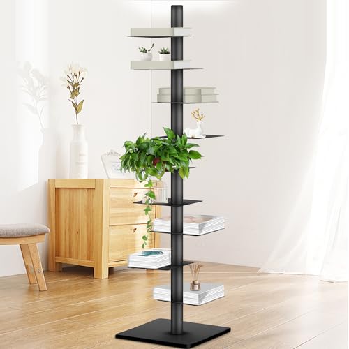 9 Tier Metal Vertical Bookshelf Tower, Freestanding Invisible Spine Bookshelf, Tall Ladder Bookcase Floating Shelf for Small Spaces, Modern Storage Corner Shelf for Living Room, Office, Bedroom Decor