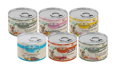 Landfleisch Hundefutter 6 x 195g Mixpaket | garantierter 4 Sorten Mix | Nassfutter für Hunde | Ohne Zusatz von Gluten, Zucker, GVO und Sojaprodukten
