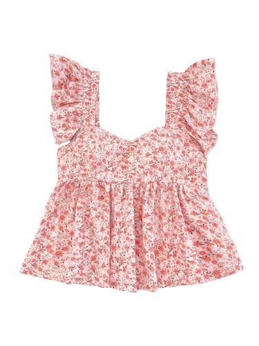 SOLY HUX Girl's Summer Floral Print Ruffle Cap Sleeve Sweetheart Neck Tops Peplum Cute Babydoll Blouse