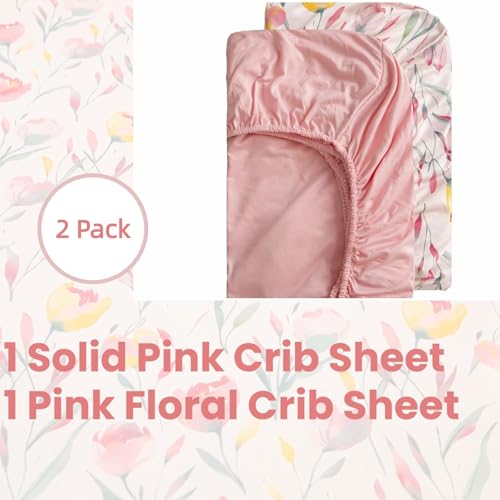 Image of SDIII 2 Pack Pink Floral Crib Sheets for Baby Girl 52x28 Stretchy Microfiber Jersey Knit Pink Crib Sheets for Standard Crib and Toddler Mattress