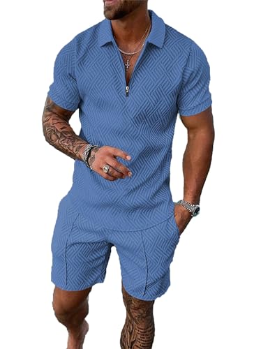 BIRW L Light Blue Mens Short Sets 2 Piece Outfits