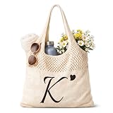 Shinylin Personalized Crochet Tote Bag for Beach Women Beige Mesh Knit Shoulder Bag Boho Aesthetic Tote for Women(Letter K)
