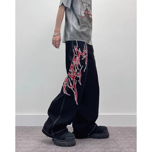 Y2K Retro high Street Flame Printed Wide Leg Jeans Hip-hop Loose Straight Leg Pants for Men and Women3