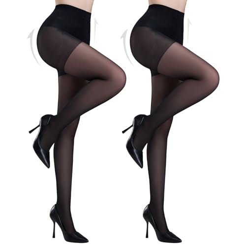 Yilanmy Tummy Control Sheer Tights for Women 40 Denier High Waist Slimming Support Tights Control Top Pantyhose (2 Pairs Black, M)