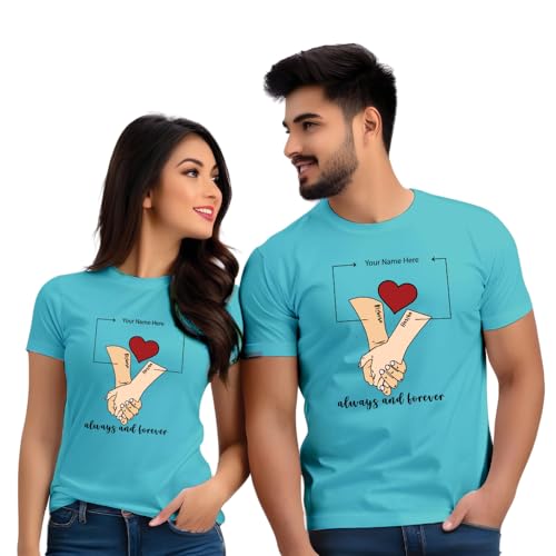 Image of Bouncy Toonz Couple T Shirts for Couple-Husband Wife Matching Dress-Couple Tshirt Combo- Regular Fit Cotton Round Neck Half Sleeve (cus-Couple-Hands)
