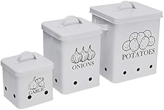 Potato Onion Kitchen Storage Canisters Jars Pots Containers 3 Pack Set - Potatoe, Garlic Bin Caddy, Long Shelf Life with Aerating Tin Storage Holes