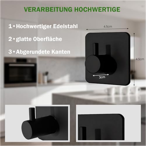 Nordkai Handtuchhaken ohne Bohren 6er Set selbstklebende Wandhaken aus Edelstahl schwarz wasserfest rostfrei für Bad Küche WC Fliesen Glas und glatte Oberflächen bis 5 kg