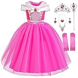 Monissy Princesse Aurora Déguisement Robe sans Macnches Robe Rose de Princesse Belle au Bois Dormant Cristal Rouge Robe de Soirée Robe Tutu Halloween Noël Carnaval, Rose, 120