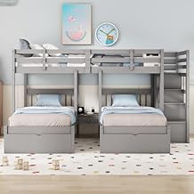 CITYLIGHT Triple Beds with Stairs and Storage Drawers, Full Over Twin & Twin Bunk Beds for 3 Kids, Wooden 3-in-1 Bunk Beds with Storage for Kids, Teens & Adults, No Box Spring Needed Gray