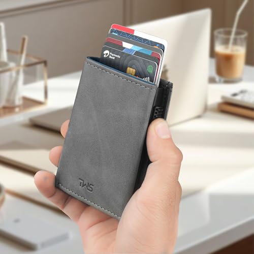 Image of The Wallet Store SlideX Neo RFID-Protected Pop-Up Card Holder Wallet for Men | Minimalist Leather Smart Wallet with Quick Access Ejector | Compact Dual-Color Card Case | Holds 6-10 Cards (Grey)