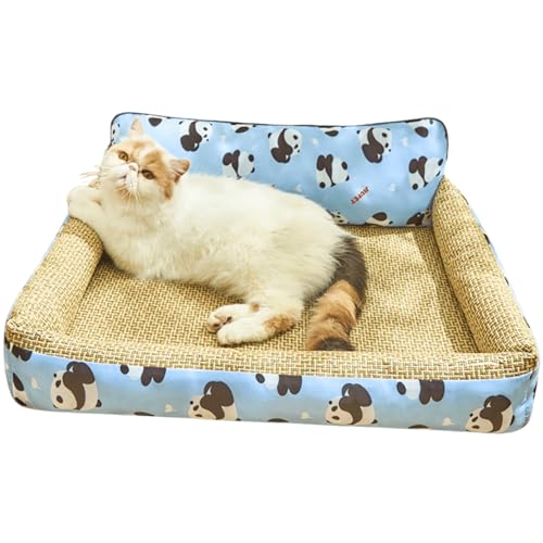 JUNENTER 夏用ペット用セルフクールマット 保護枕付き 犬小屋用ベッドパッド スリーピングマット 夏用クールマット 犬 猫用 自宅・旅行用 滑り止め底 防水 お手入れ簡単 (ブルー、S)