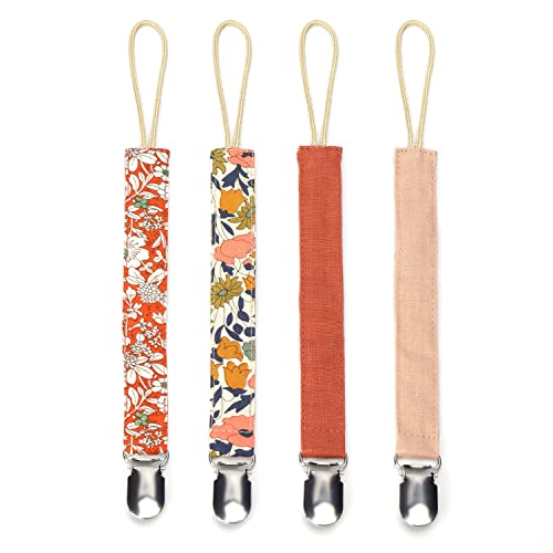 Image of Pacifier Clips Baby Girl, Binky Clip Holder, 4 Pieces, Cotton and Linen Soft Fabric, for Babies During Teething