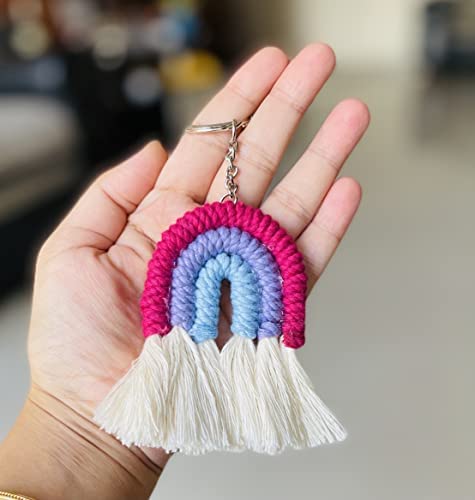 SUTRAM Handmade MacrameCotton Rainbow Keychain Bag Charm Keyring For Kids Return Gift- Single (Multicolor- Pink)