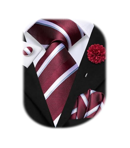 Image of Hi-Tie Men Silk Ties Set with Flower Lapel Pin Necktie Pocket Square Cufflinks for Tuxedo Wedding Business