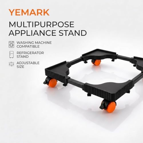 Image of Adjustable Washing Machine Stand with Lockable Wheels | Black Plastic Pipe Frame with Durable Plastic Corners | Rust-Proof Anti-Vibration Fridge Base Trolley | Movable Appliance Stand Size: 40-65 cm