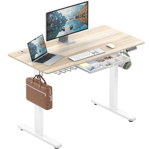 SHW 48-Inch Electric Height Adjustable Standing Desk with Drawer, Memory Preset and Cable Management Tray, Maple