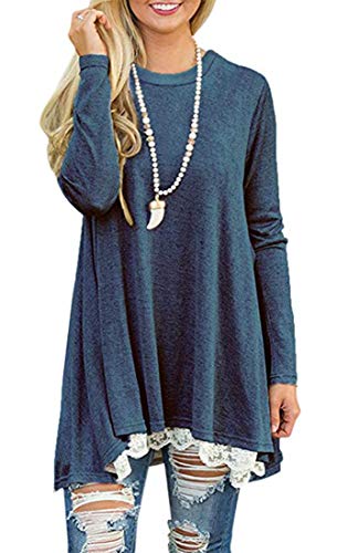 Andaa Women's Crew Neck Long Sleeve Lace Splicing Swing Shirt Dresses Long Tunic Blouses Shirts for Leggings Blue