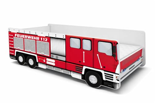 ACMA Kinderbett Feuerwehr Auto Juniorbett 140x70 cm mit Matratze und Lattenrost, Autobett für Kinder mit Rausfallschutz