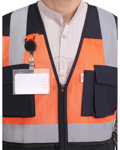 Image of CLUB TWENTY ONE Polyester and Mesh Reflective Jacket, Vest with High Visibility Strips or Tape, Safety Workwear Vest for Men (Orange & Navy Blue, Size - Small)