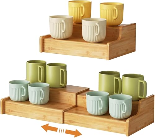 Hongtamoya 2-Tier Expandable Coffee Mug Holder, Mug Organizer for Kitchen Cabinets, Bamboo Mug Cup Rack, Multi-Functional Cup Holder Shelf, Coffee Bar Organizer, Home