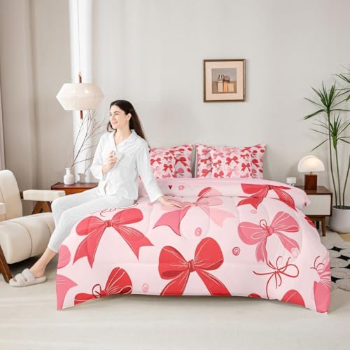 Image of Red Bow Tie 7-Piece Comforter Set Full Bed in a Bag | Pink Bow Bedding Sets Dreamy Princess Style Bowknot Comforter and Sheet Set, Cute Ribbon Bowknot Room Decor