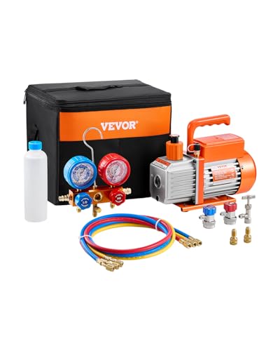 VEVOR 3,5 CFM Bomba de Vacío y Manómetro de Aire Acondicionado de Una Etapa Kit de Manómetro de Colector de Refrigerante de Aire Acondicionado con Mangueras para R134a R12 R22 R502a R410A R404 R407C