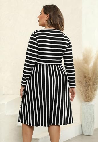 Image of Nemidor Women's Round Neck Long Sleeve Casual Plus Size Fit and Flare Midi Dress with Pocket NEM169